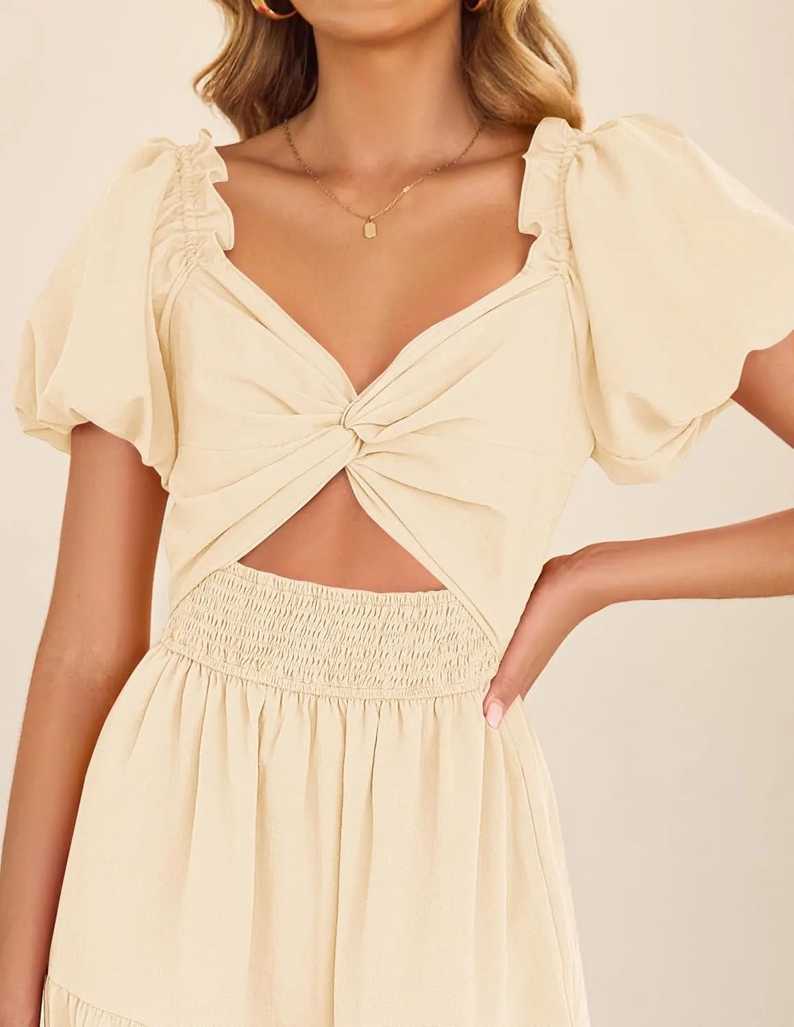 ZESICA Womens Summer 2025 Boho Vacation Dress Short Puff Sleeve Flowy Smocked Cutout A Line Beach Party Dresses