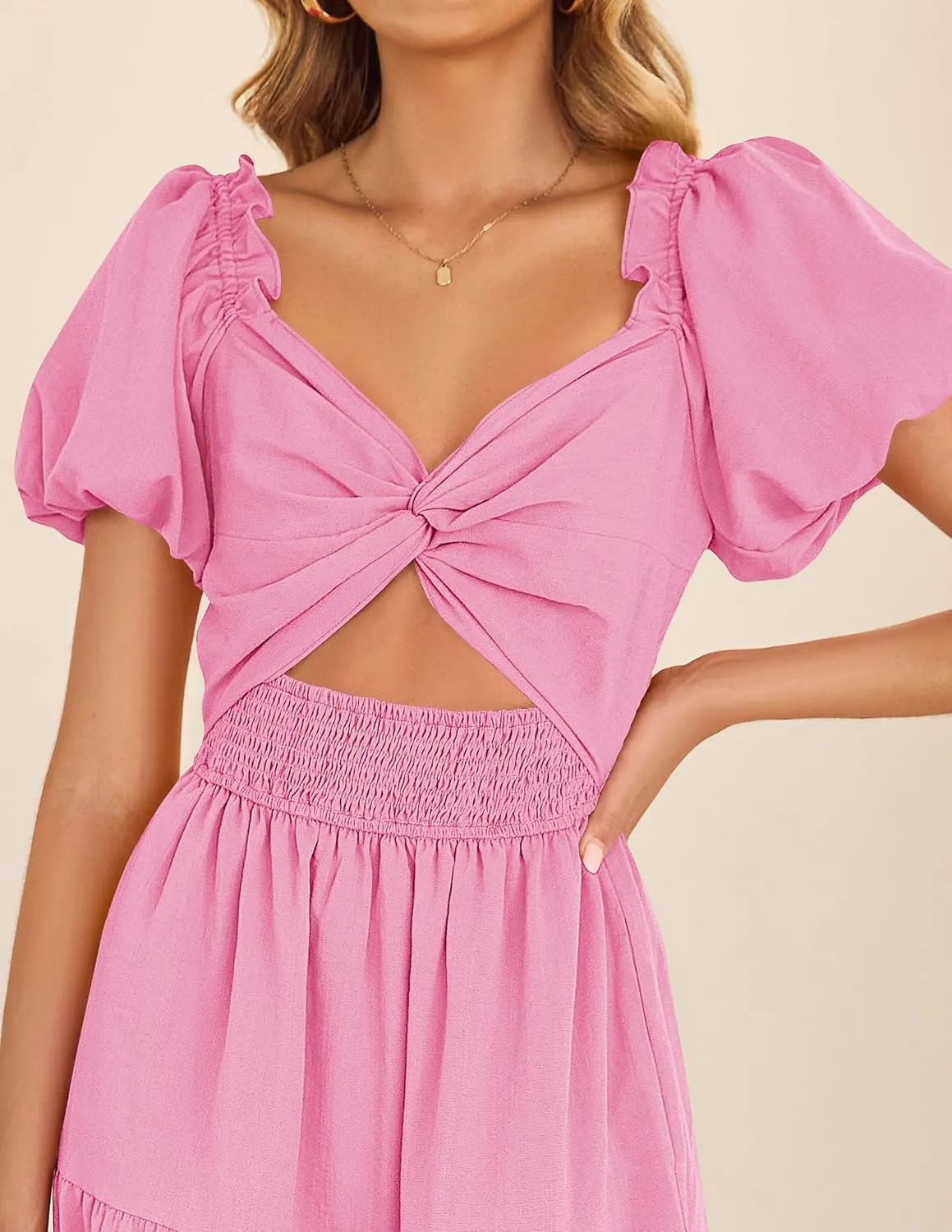 ZESICA Womens Summer 2025 Boho Vacation Dress Short Puff Sleeve Flowy Smocked Cutout A Line Beach Party Dresses