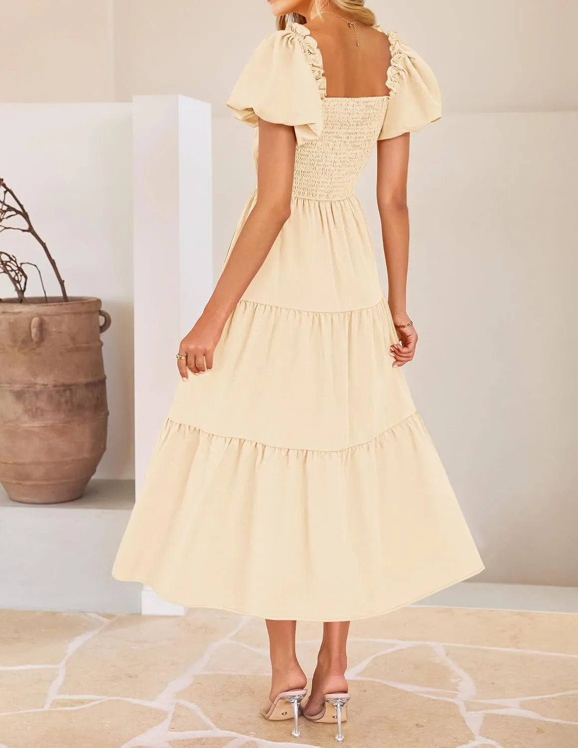 ZESICA Womens Summer 2025 Boho Vacation Dress Short Puff Sleeve Flowy Smocked Cutout A Line Beach Party Dresses