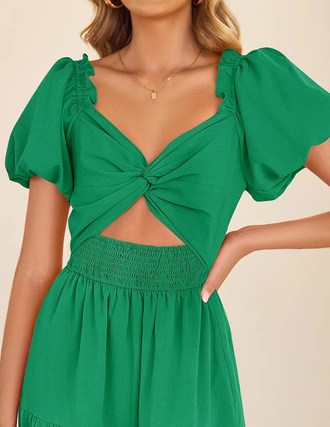 ZESICA Womens Summer 2025 Boho Vacation Dress Short Puff Sleeve Flowy Smocked Cutout A Line Beach Party Dresses