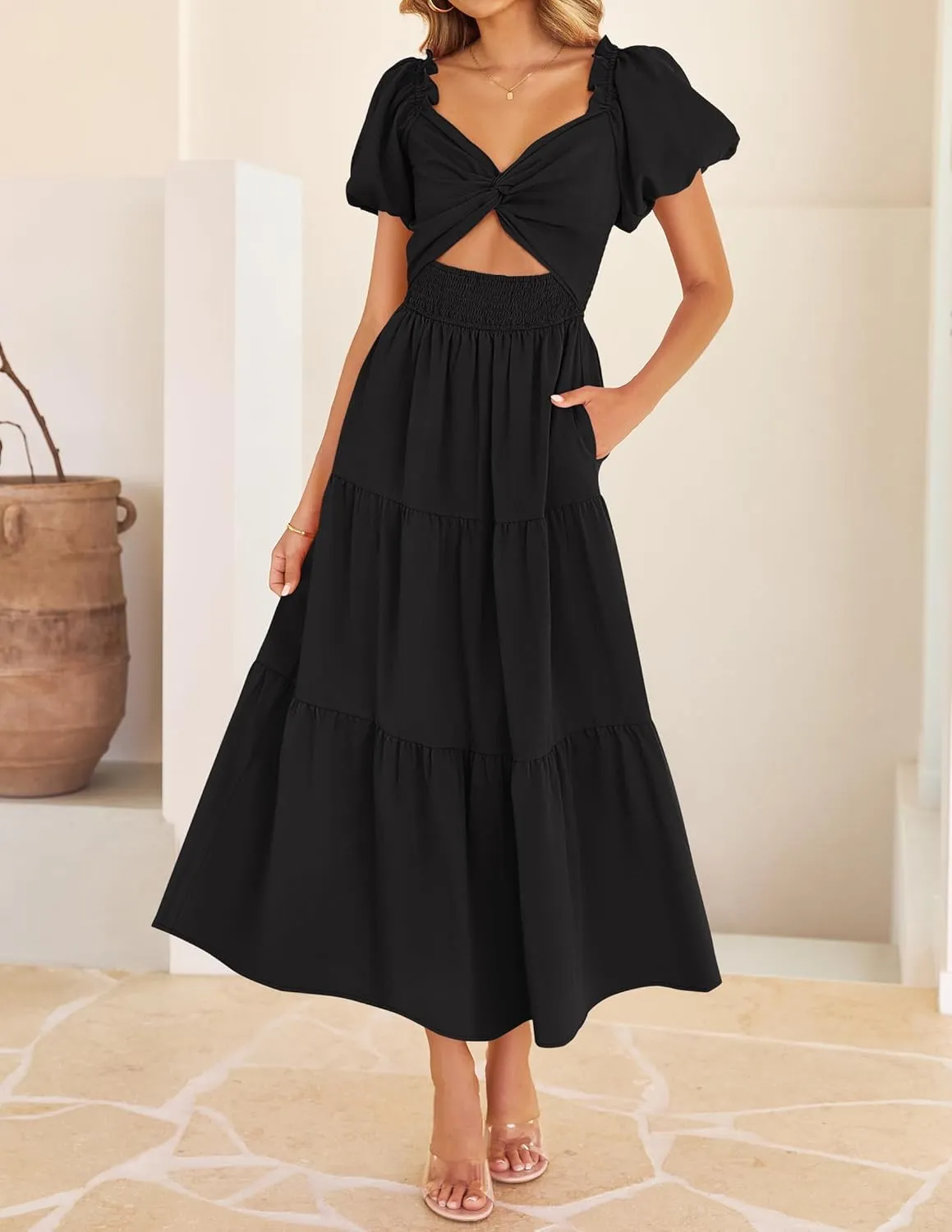ZESICA Womens Summer 2025 Boho Vacation Dress Short Puff Sleeve Flowy Smocked Cutout A Line Beach Party Dresses