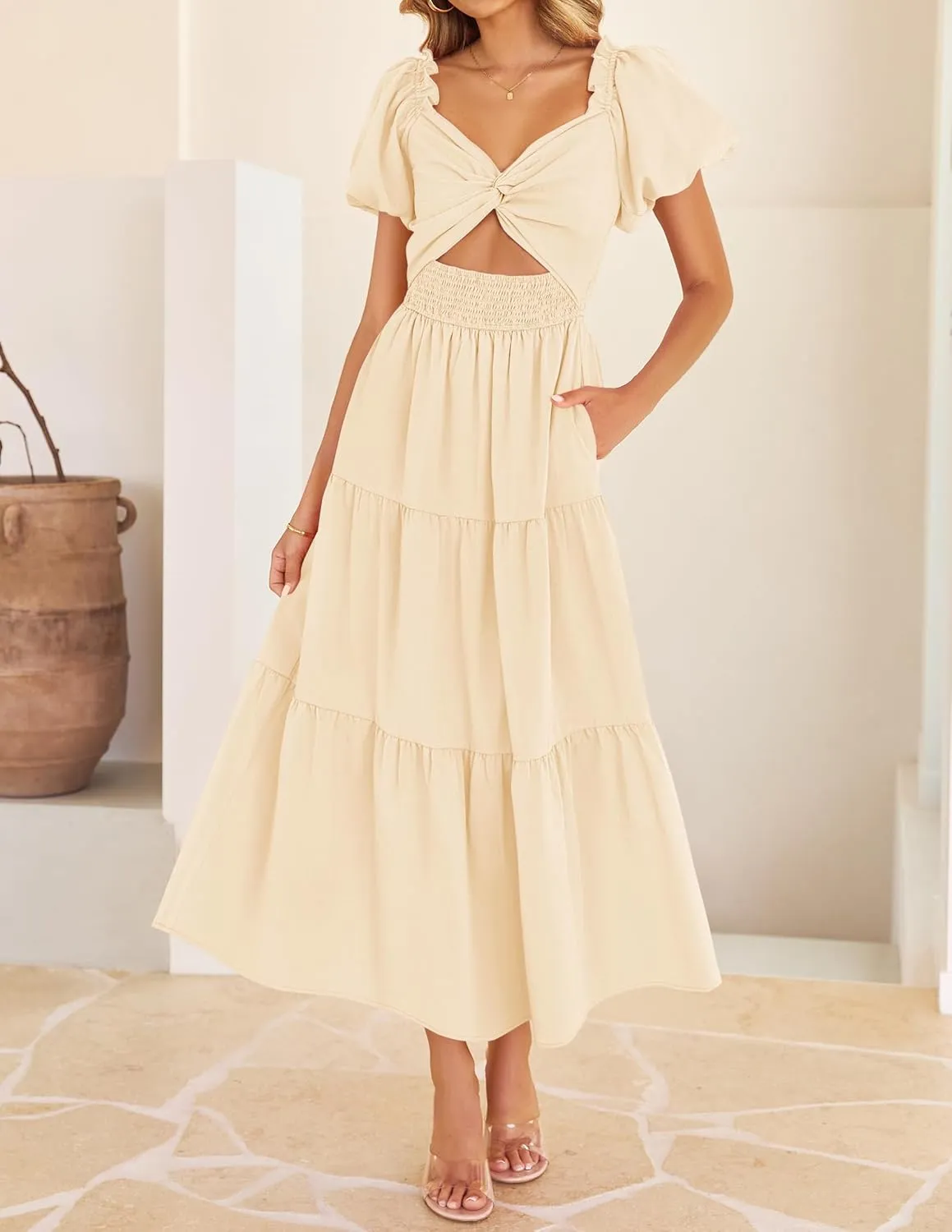 ZESICA Womens Summer 2025 Boho Vacation Dress Short Puff Sleeve Flowy Smocked Cutout A Line Beach Party Dresses