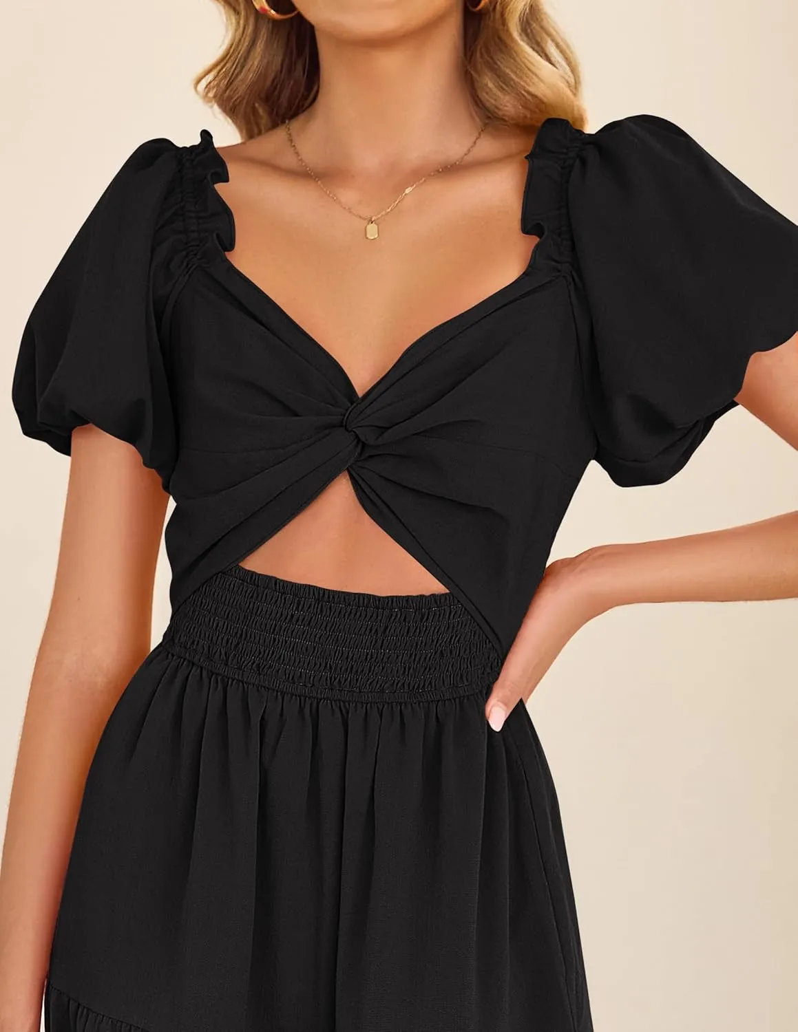 ZESICA Womens Summer 2025 Boho Vacation Dress Short Puff Sleeve Flowy Smocked Cutout A Line Beach Party Dresses