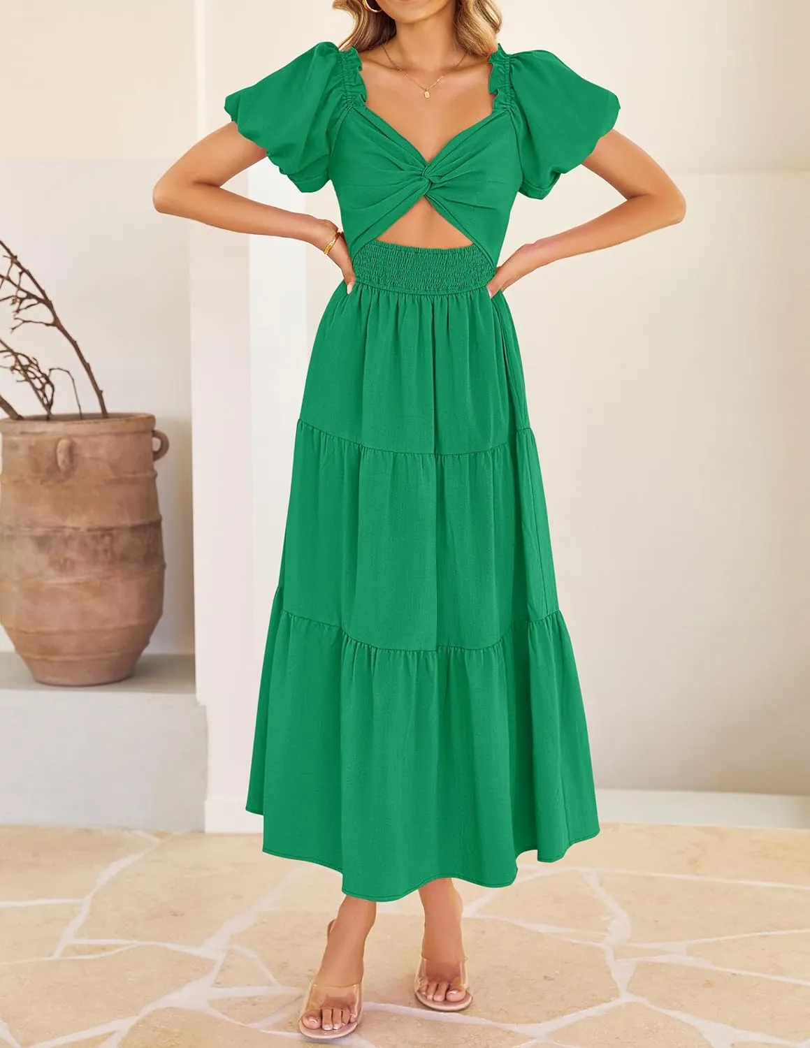ZESICA Womens Summer 2025 Boho Vacation Dress Short Puff Sleeve Flowy Smocked Cutout A Line Beach Party Dresses