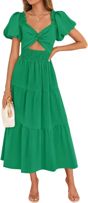 ZESICA Womens Summer 2025 Boho Vacation Dress Short Puff Sleeve Flowy Smocked Cutout A Line Beach Party Dresses