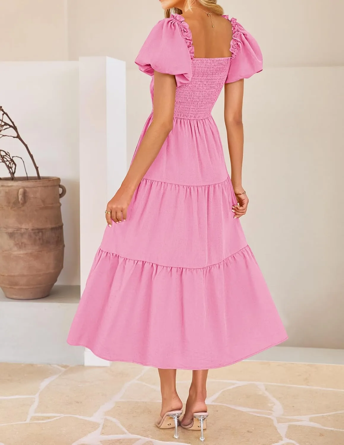 ZESICA Womens Summer 2025 Boho Vacation Dress Short Puff Sleeve Flowy Smocked Cutout A Line Beach Party Dresses