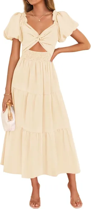 ZESICA Womens Summer 2025 Boho Vacation Dress Short Puff Sleeve Flowy Smocked Cutout A Line Beach Party Dresses