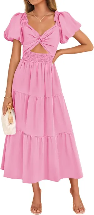 ZESICA Womens Summer 2025 Boho Vacation Dress Short Puff Sleeve Flowy Smocked Cutout A Line Beach Party Dresses