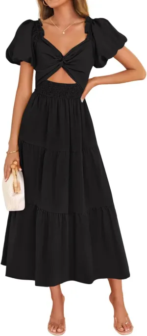 ZESICA Womens Summer 2025 Boho Vacation Dress Short Puff Sleeve Flowy Smocked Cutout A Line Beach Party Dresses