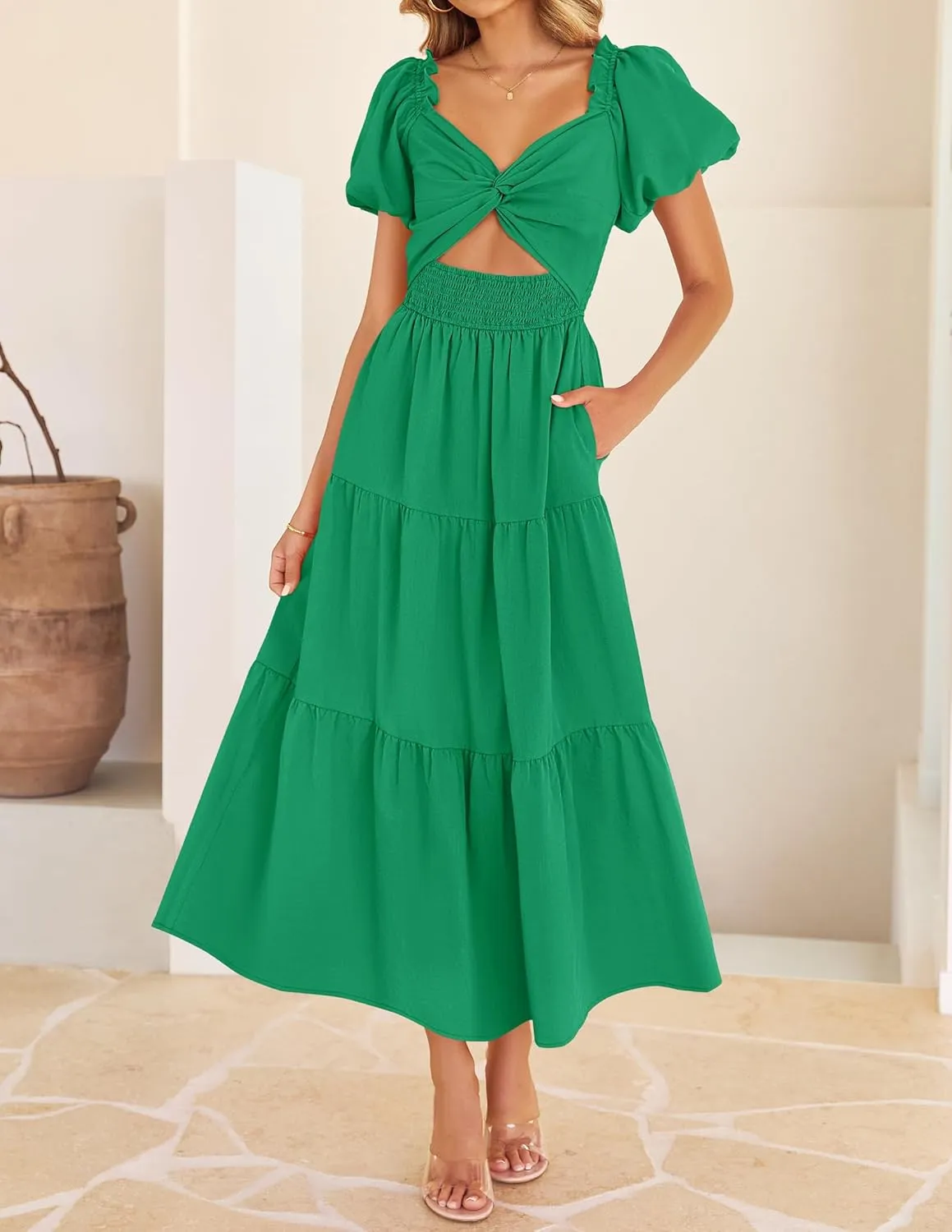 ZESICA Womens Summer 2025 Boho Vacation Dress Short Puff Sleeve Flowy Smocked Cutout A Line Beach Party Dresses