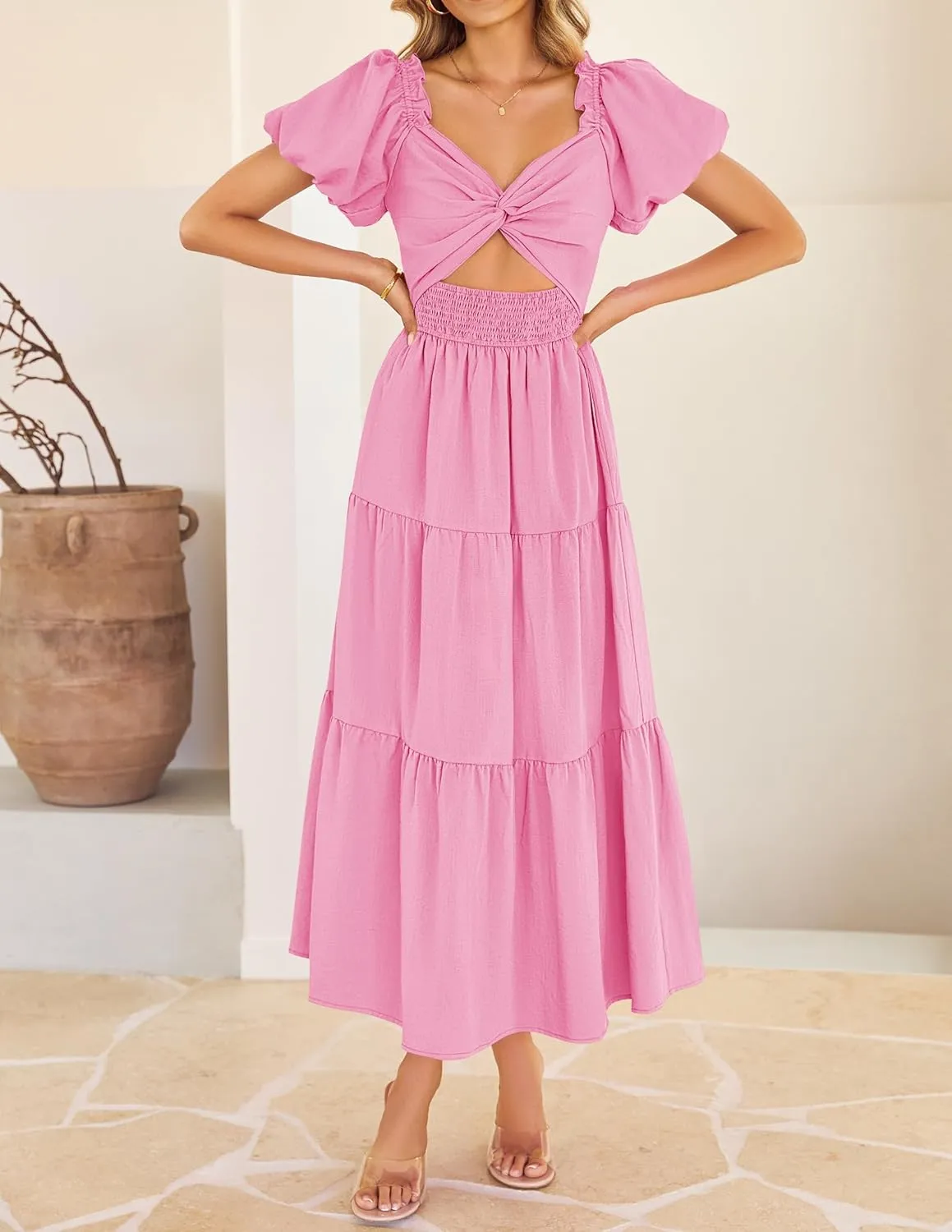 ZESICA Womens Summer 2025 Boho Vacation Dress Short Puff Sleeve Flowy Smocked Cutout A Line Beach Party Dresses