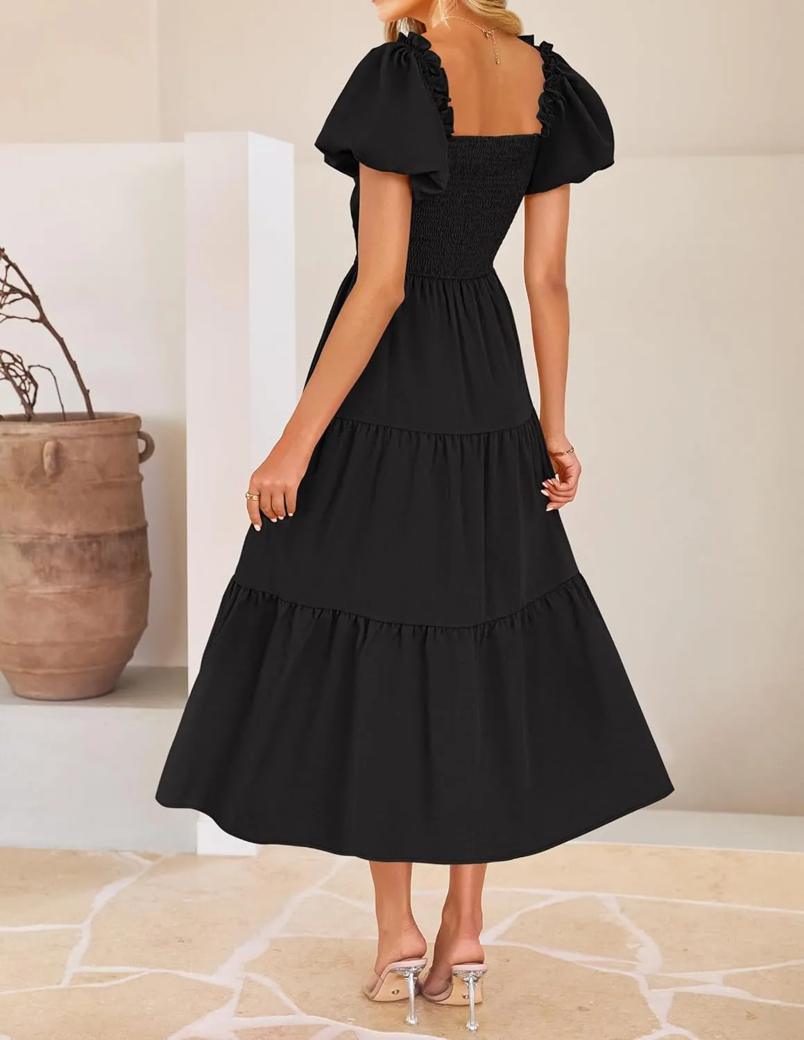 ZESICA Womens Summer 2025 Boho Vacation Dress Short Puff Sleeve Flowy Smocked Cutout A Line Beach Party Dresses