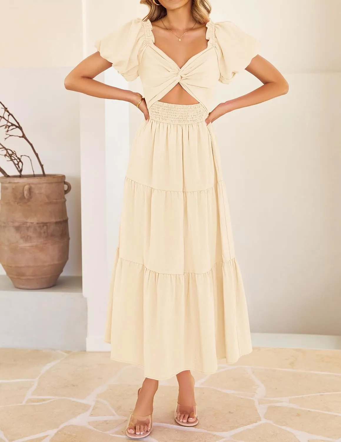 ZESICA Womens Summer 2025 Boho Vacation Dress Short Puff Sleeve Flowy Smocked Cutout A Line Beach Party Dresses